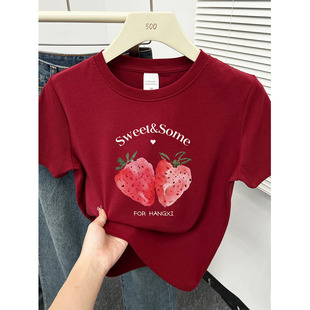 穿搭显瘦圆领上衣潮 大码 安哥拉红正肩草莓印花短袖 t恤女胖mm夏季