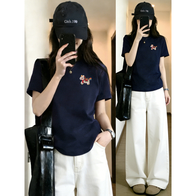 藏蓝色小马印花正肩短袖T恤女装2026夏季新款胖MM大码圆领上衣潮