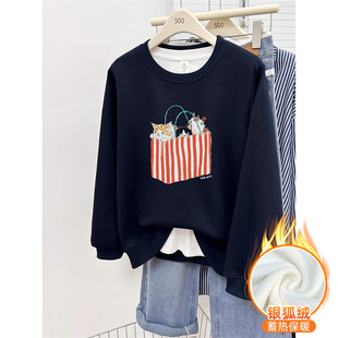 套头无帽上衣潮 慵懒风宽松大码 韩版 正肩圆领卫衣女加绒加厚秋冬季