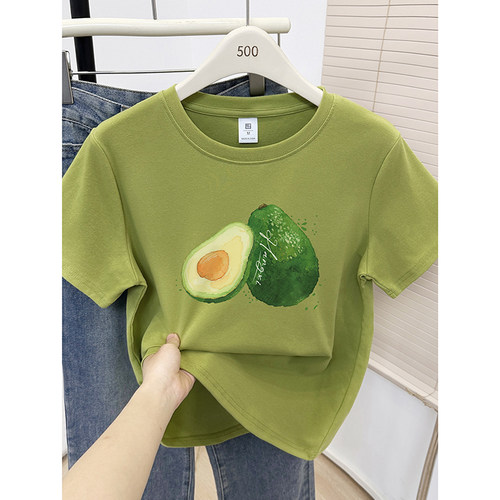 胖MM正肩短袖t恤女2025夏季新款休闲牛油果洋气印花大码百搭上衣