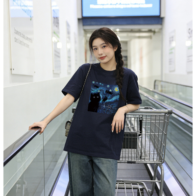 纯棉圆领短袖t恤女2026夏季新款韩版宽松大码中长款印花半袖上衣