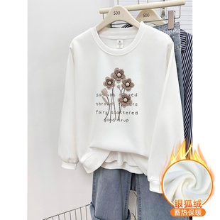 新款 加绒加厚2026冬季 宽松套头无帽上衣 大码 白色正肩圆领卫衣女装