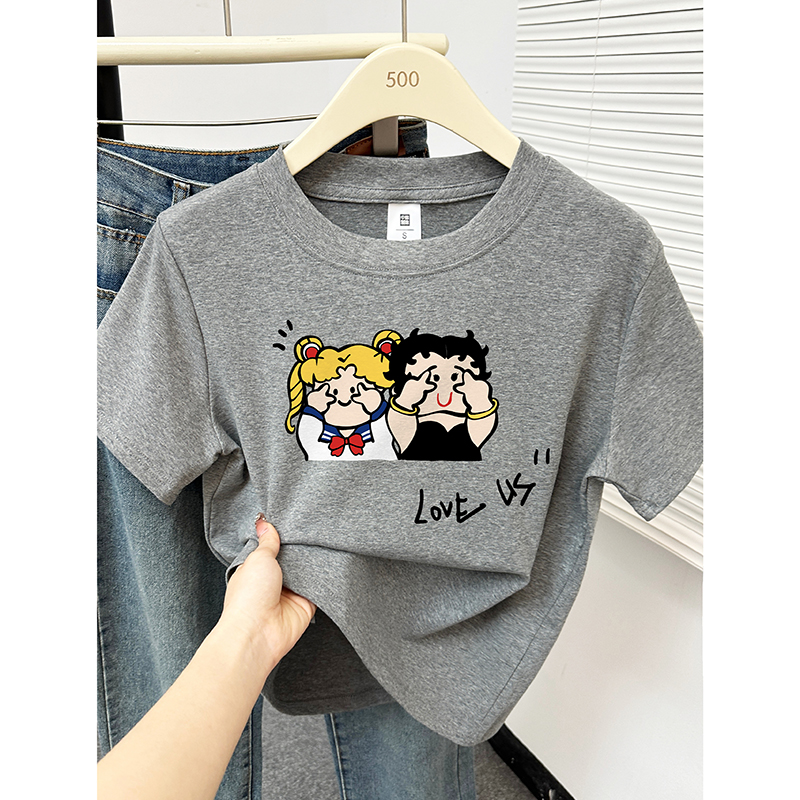 短袖T恤女夏季2025新款时尚卡通印花正肩圆领花灰色设计感上衣潮