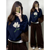大码 高级感正肩圆领卫衣女秋冬新款 胖mm宽松显瘦花朵印花洋气上衣
