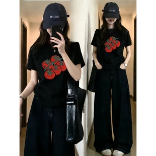 宽松大码 t恤女夏季 遮肉黑色番茄印花小众设计感上衣 正肩短袖 美式