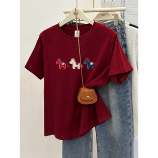 胖mm大码圆领正肩短袖t恤女2026新款小马印花本命年显白红色上衣