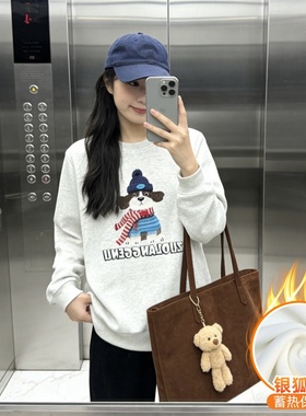 白灰色正肩卫衣女加绒加厚秋冬季韩版设计感小狗印花大码圆领上衣