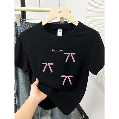 短袖T恤女夏季新款设计感韩系ins蝴蝶结印花正肩小众圆领显瘦上衣