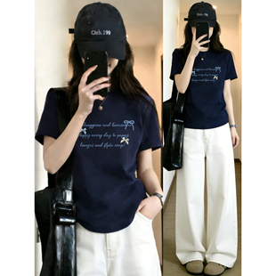 正肩半袖 韩系蝴蝶结字母印花大码 时尚 T恤女夏季 上衣ins潮 圆领短袖