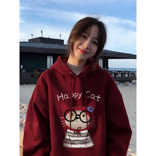 大码 2026新款 时尚 韩版 套头加绒加厚上衣潮 酒红色连帽卫衣女秋冬季