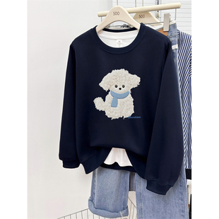 宽松套头长袖 胖mm大码 上衣 2025新款 小狗印花圆领正肩卫衣女秋冬季