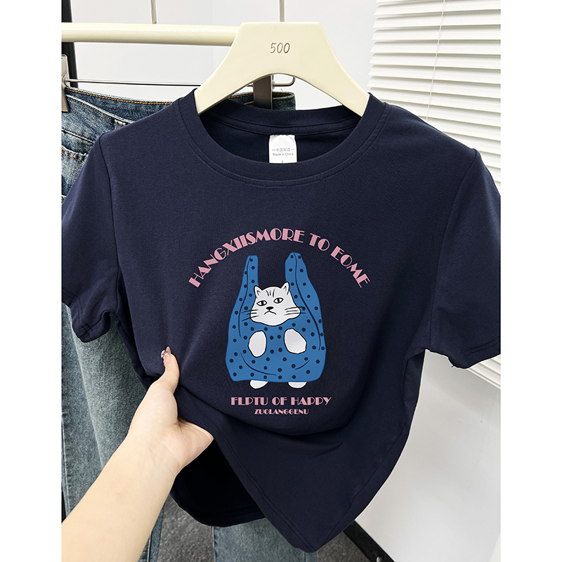 短袖T恤女夏季新款韩版显瘦正肩小个子上衣潮藏蓝色圆领猫咪印花