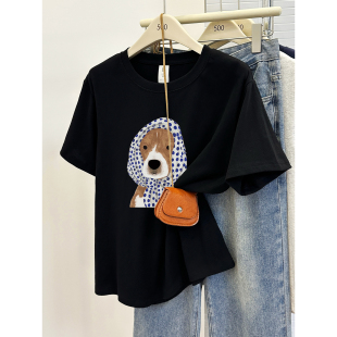 新款 正肩遮肚子t恤小狗图案印花夏季 潮牌200斤上衣 胖mm显瘦款 短袖