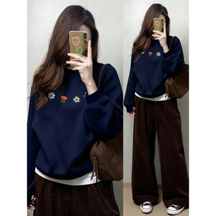 大码加绒圆领正肩卫衣女秋冬季新款胖mm遮肚子花朵印花洋气上衣潮