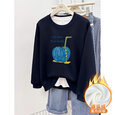 深蓝色圆领正肩卫衣女款秋冬季加绒加厚胖MM大码慵懒风套头上衣潮