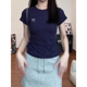 新款 藏蓝色圆领短袖 T恤女夏装 韩系小众蝴蝶结印花正肩显瘦上衣ins