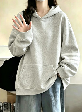 美式潮牌三条杠条纹袖连帽卫衣男女2026秋季新款百搭休闲帽衫上衣