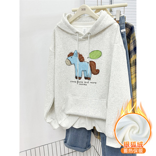 中长款 白灰色加绒加厚连帽衫 宽松休闲大码 韩版 上衣 套头卫衣女冬季