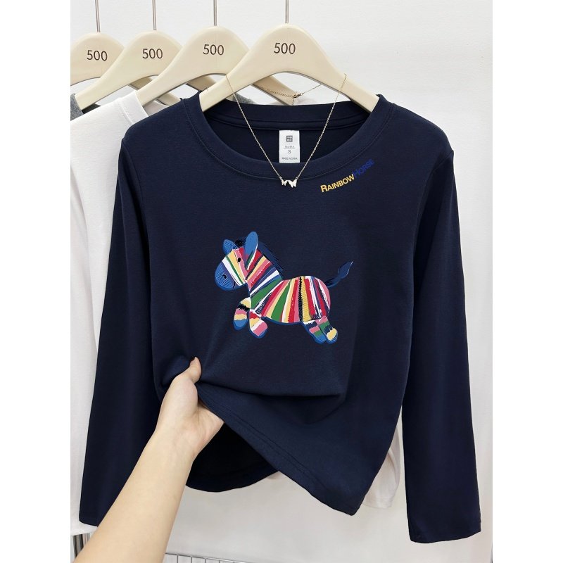 藏蓝色小马印花正肩长袖t恤女装韩版胖mm穿搭显瘦大码打底衫上衣