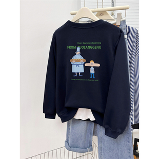 休闲套头圆领上衣 时尚 大码 设计感卡通前后印花正肩卫衣女秋冬款