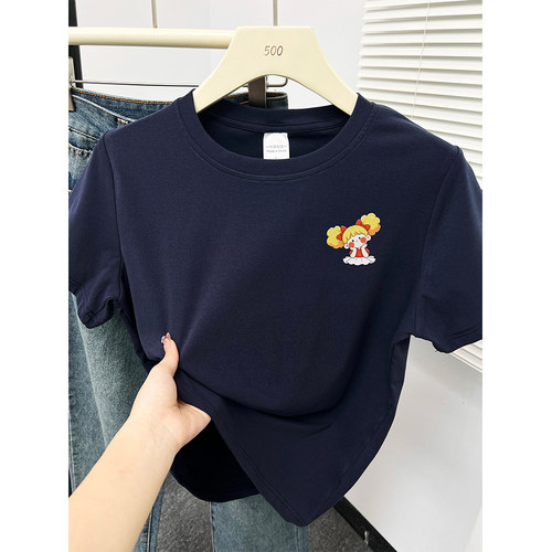 韩系ins正肩短袖T恤女装大码微胖mm显瘦百搭洋气设计感印花上衣潮