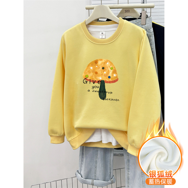 加绒加厚秋冬女款正肩套头卫衣胖mm宽松大码洋气设计感圆领上衣潮