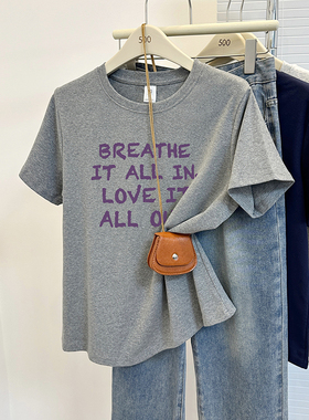 灰色字母印花大码女装圆领正肩短袖T恤女夏装休闲200斤胖mm上衣潮