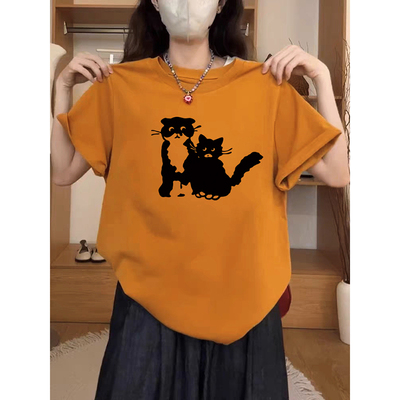 2025新款猫咪印花正肩特大码女装胖mm短袖t恤显瘦200斤洋气上衣