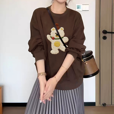 美式复古小熊印花圆领正肩卫衣女2025秋冬加绒慵懒风大码无帽上衣