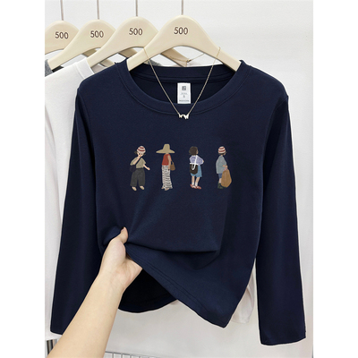 藏蓝色圆领正肩长袖t恤女2025秋季新款韩版大码女装胖mm显瘦上衣