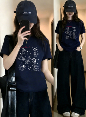 胖mm正肩显瘦短袖t恤女装藏蓝色斑点狗印花2026夏季大码圆领上衣