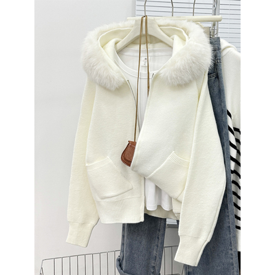 韩系慵懒风毛领连帽上衣针织女装秋冬季新款加厚宽松开衫毛衣外套