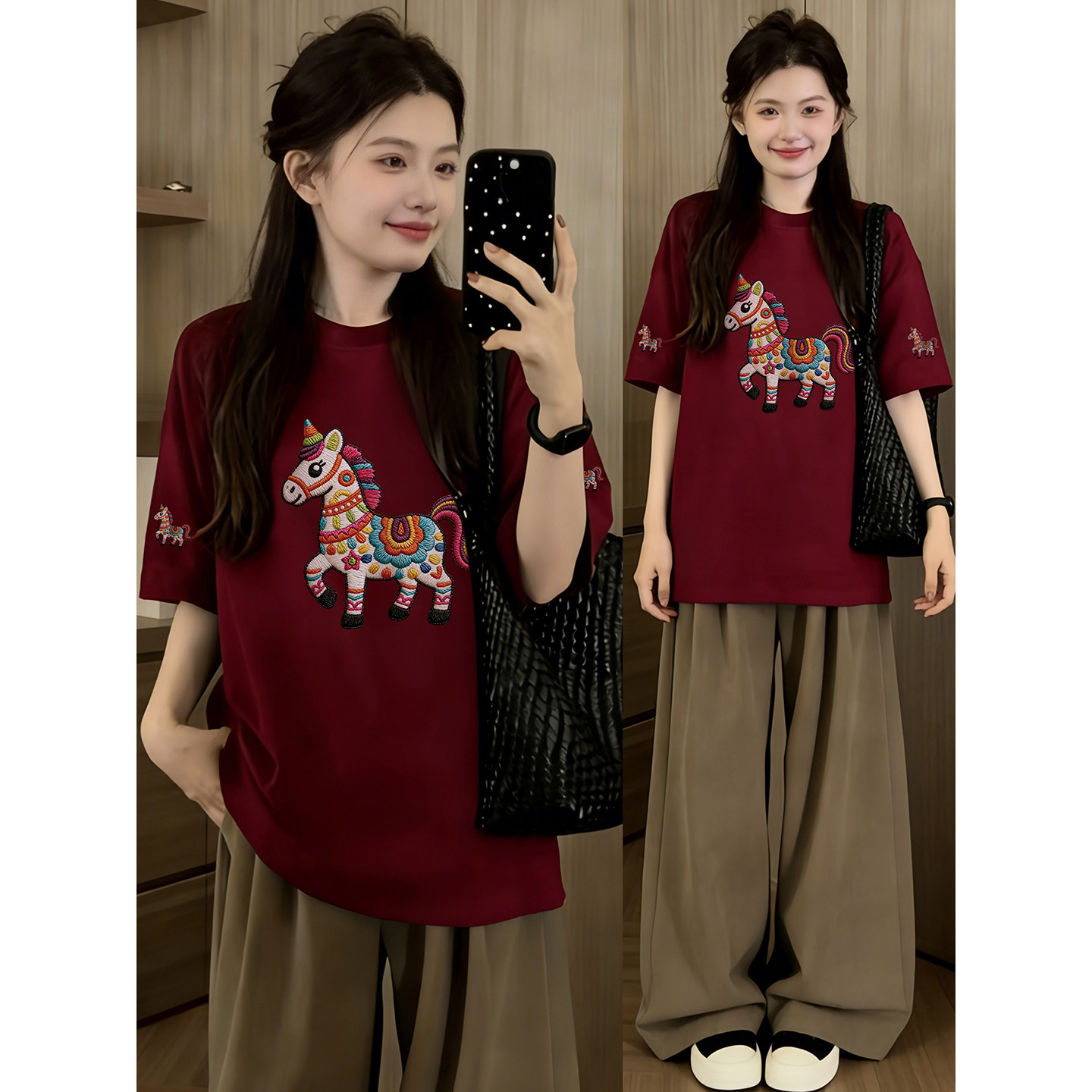 纯棉新年红小马印花短袖t恤女2026年夏季宽松设计感小众大码上衣