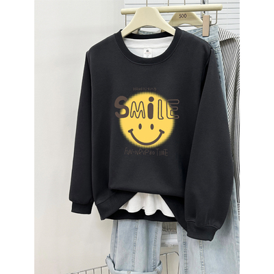 深灰色正肩卫衣秋冬2025年新款胖mm大码女装加绒加厚无帽圆领上衣