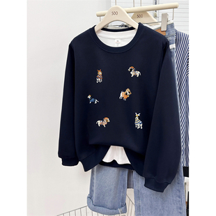 慵懒风长袖 秋冬加厚大码 上衣 爆款 深蓝色正肩圆领卫衣女2025年新款