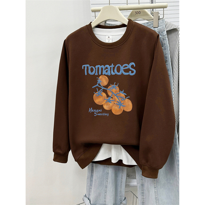 美式复古番茄印花圆领正肩无帽薄款卫衣女秋冬慵懒风宽松大码上衣