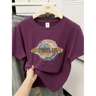 200斤正肩短袖大码t恤女款爆款2025新款潮牌圆领星球印花体恤上衣