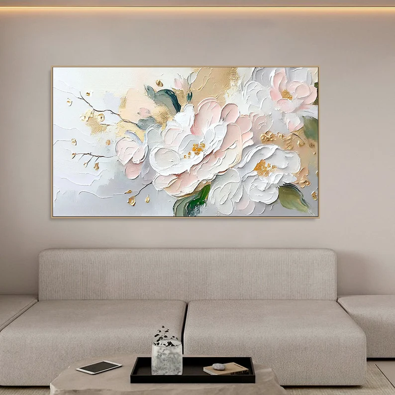 大芬村手绘油画抽象花卉厚油肌理客厅装饰画横版卧室轻奢立体挂画图片