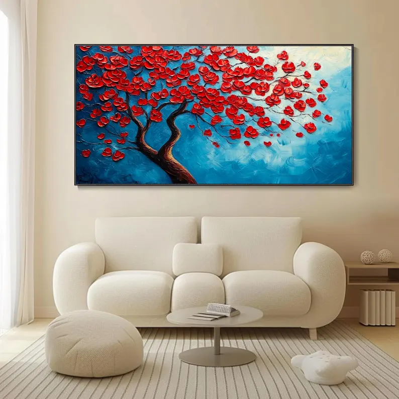 大芬村纯手绘油画抽象红色发财树客厅装饰画立体卧室轻奢餐厅挂画图片