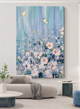 手绘油画蓝白色抽象花卉肌理客厅沙发装饰画小众立体刀画玄关挂画