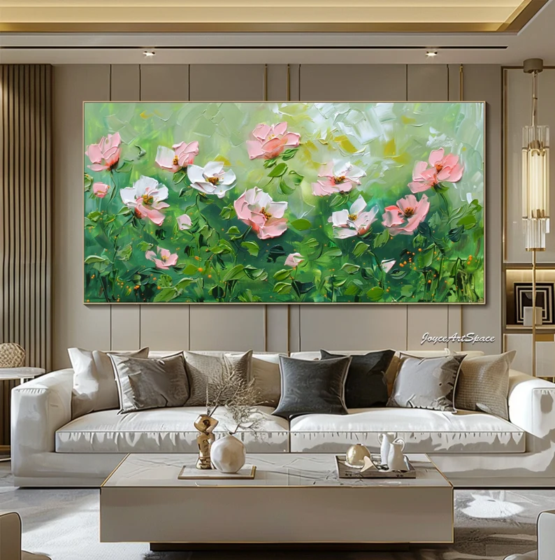 大芬村手绘油画抽象花卉肌理厚油立体客厅装饰画轻奢卧室横版挂画图片