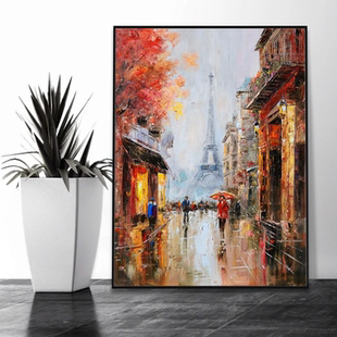 大芬村手绘油画抽象街景埃菲尔铁塔客厅装饰画玄关走廊肌理感挂画