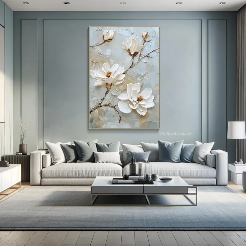 大芬村手绘油画抽象花卉玉兰花肌理感客厅装饰画餐厅卧室轻奢挂画图片