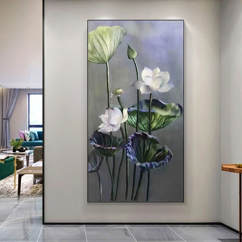 大芬村手绘油画中式荷花简约玄关竖版装饰画客厅沙发背景壁画挂画