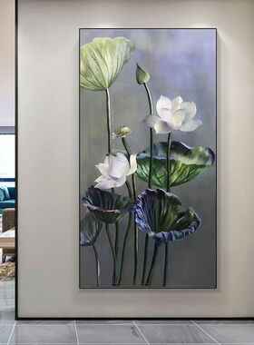 大芬村手绘油画中式荷花简约玄关竖版装饰画客厅沙发背景壁画挂画