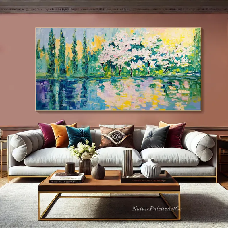 大芬村纯手绘油画抽象印象派湖边花卉风景客厅装饰画卧室餐厅挂画图片