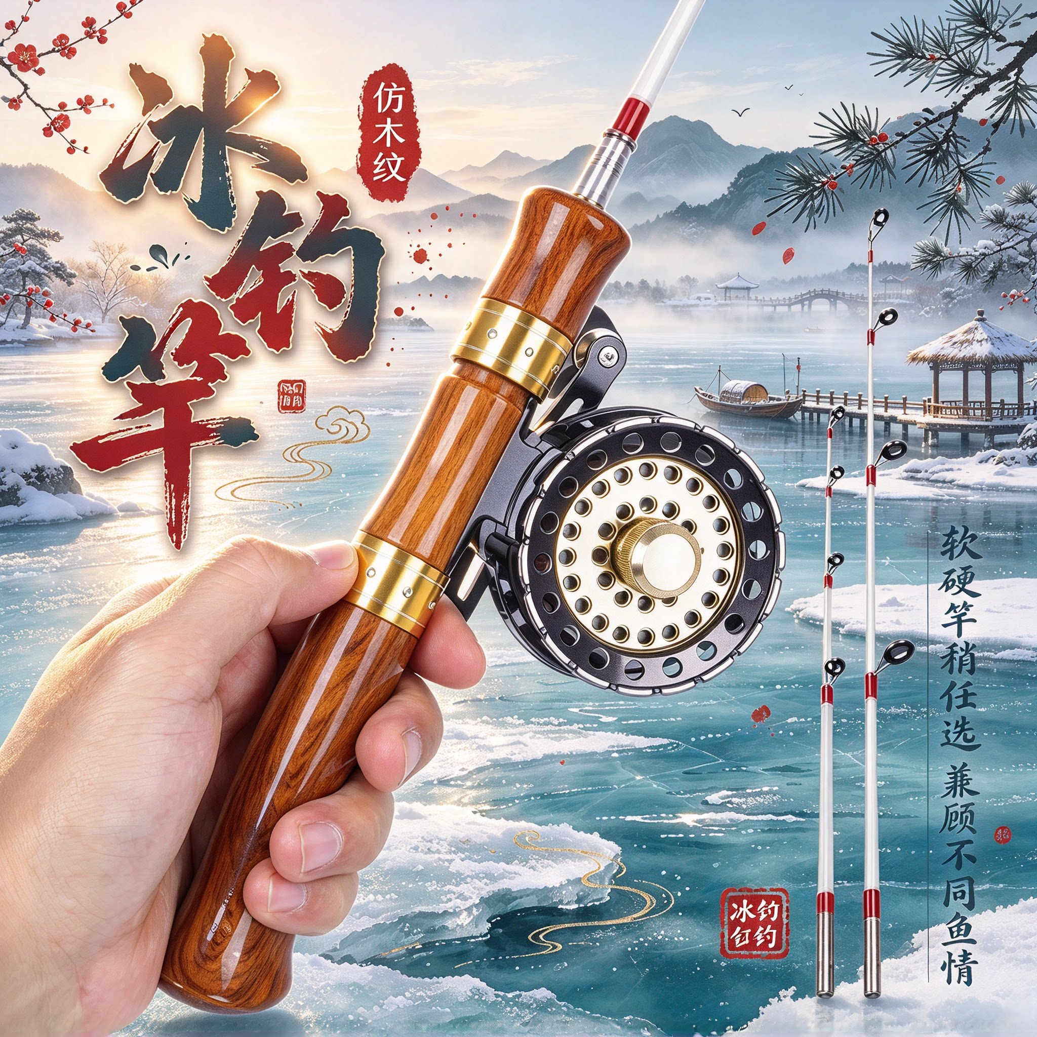 新款短节全套冬钓钓鱼杆冰钓竿套装大导环软稍冬钓竿微铅轮钓鱼竿