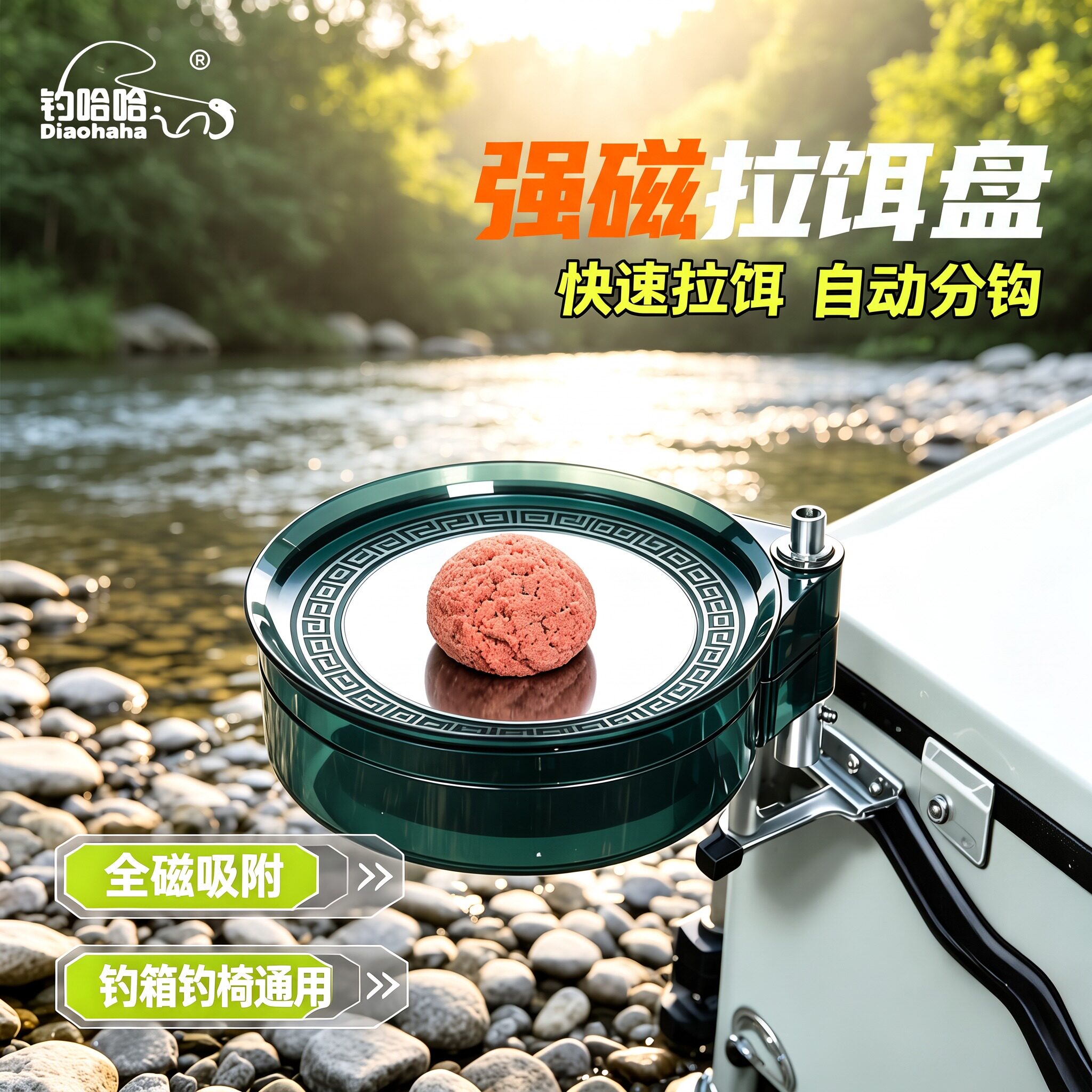 新款强磁拉饵盘全磁通用黑坑鱼饵料盒开饵盆支架一体竞技散炮盆