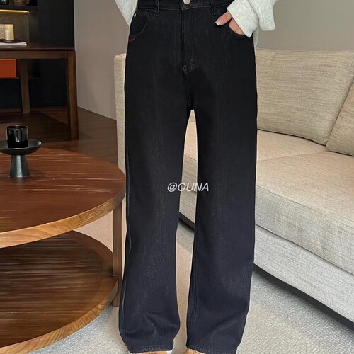 OUNA5060窄版阔腿裤复合绒秋冬高腰显瘦宽松加绒加厚直筒牛仔裤女
