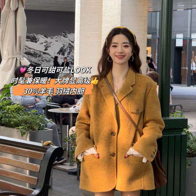 韩版加厚羽绒服呢子大衣女短款秋冬2024新款小个子毛呢西装外套